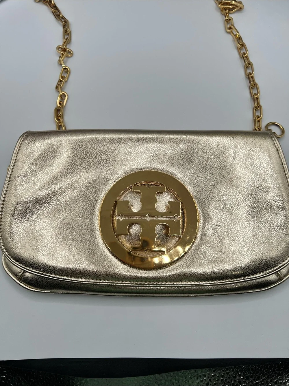 Tory Burch Gold Metallic Leather Clutch & Crossbody Bag